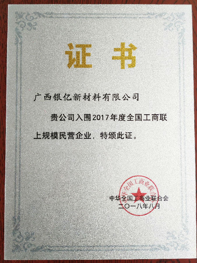廣西銀億入圍中華全國工商業(yè)聯(lián)合會(huì)頒發(fā)的“上規(guī)模民營企業(yè)”